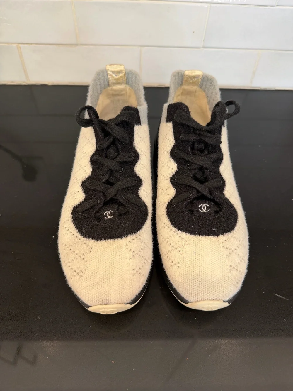 Chanel Women’s Knit Sneakers in Cream and Black